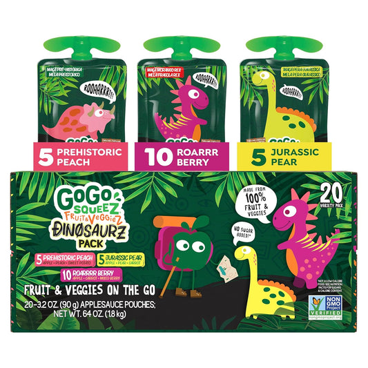 GoGo squeeZ Fruit & veggieZ Applesauce and Puree Variety Pack, Jurassic Pear, Roarrrr Berry & Prehistoric Peach, 3.2 oz (Pack of 20), Unsweetened