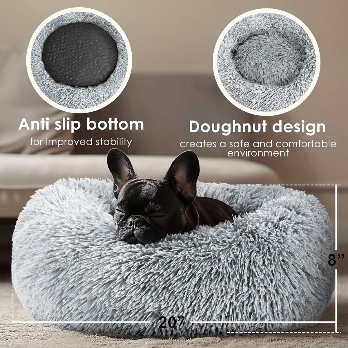 Hoewina Dog & Cat Bed for Indoor Cats, 20in Calming Donut Bed for Puppy and Kitten, Washable Round Fluffy Pet Bed for Small Medium Dogs and Cats