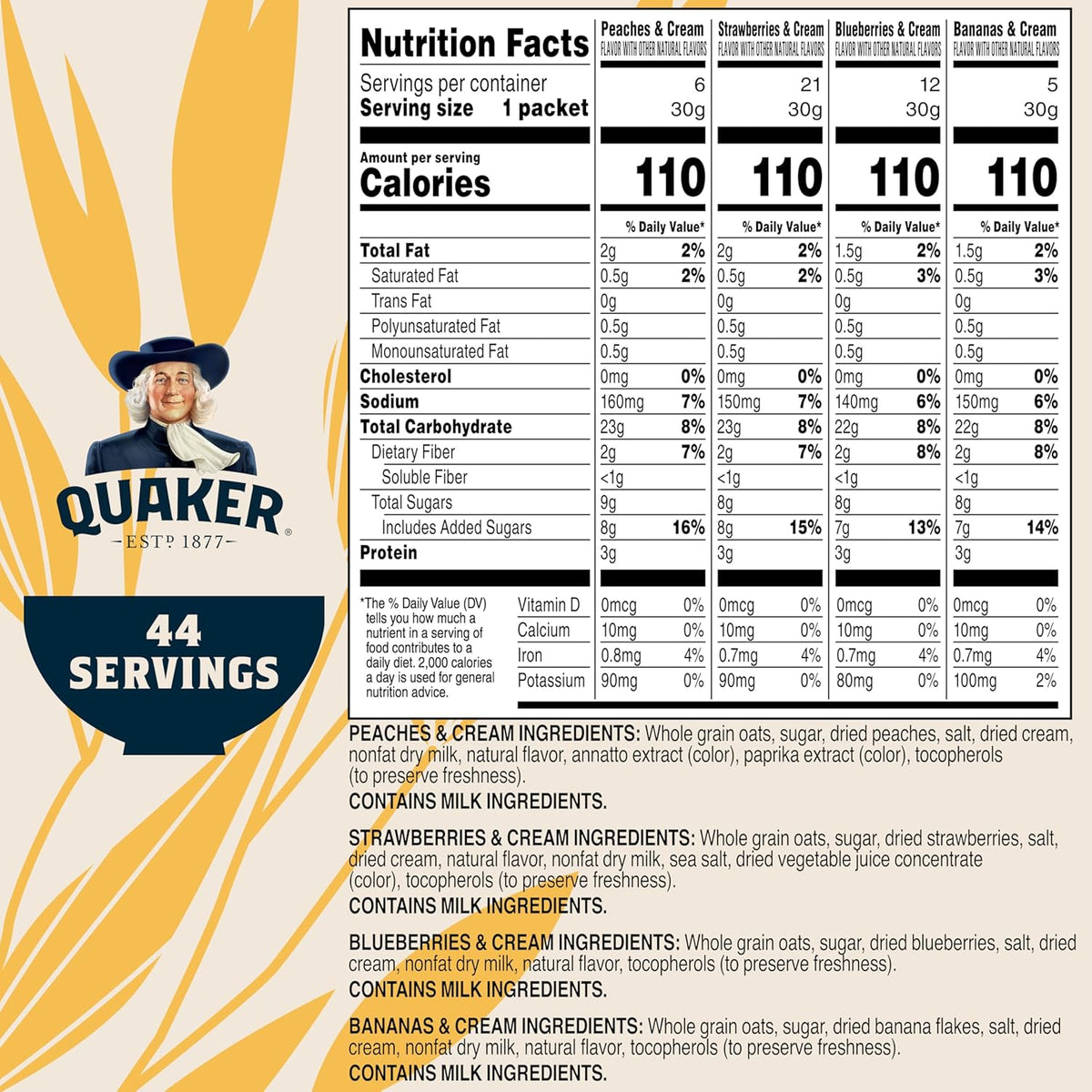 Quaker Instant Oatmeal Fruit & Cream Variety Pack, Single Serve Packets, (44 Pack)