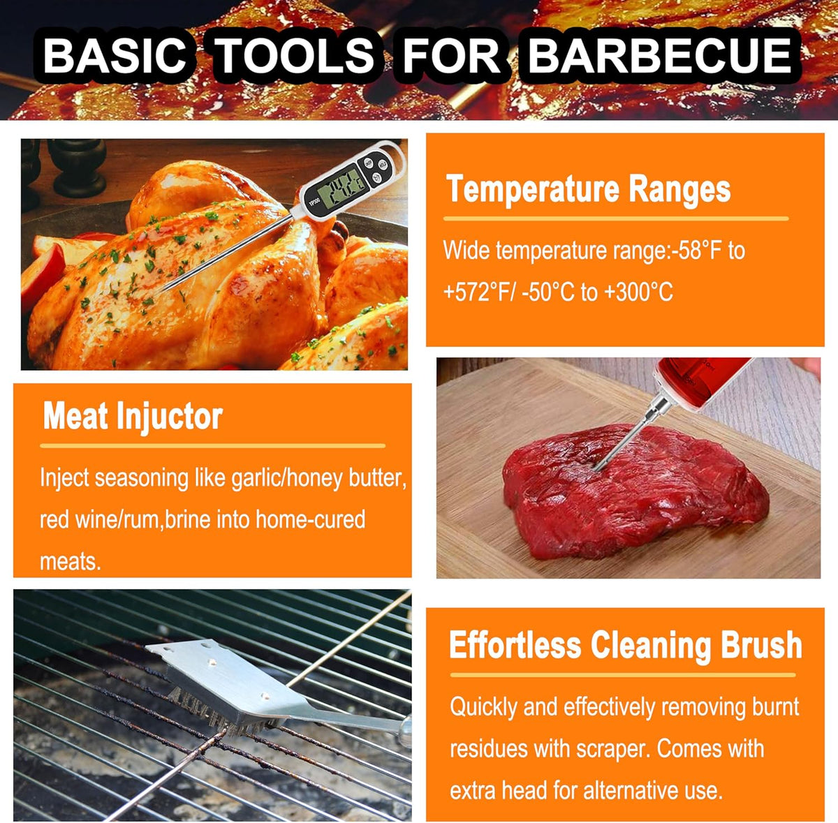 grilljoy 24PCS BBQ Grill Tools Set with Meat Thermometer and Injector - Extra Thick Stainless Steel Fork, Spatula& Tongs - Complete BBQ Accessories