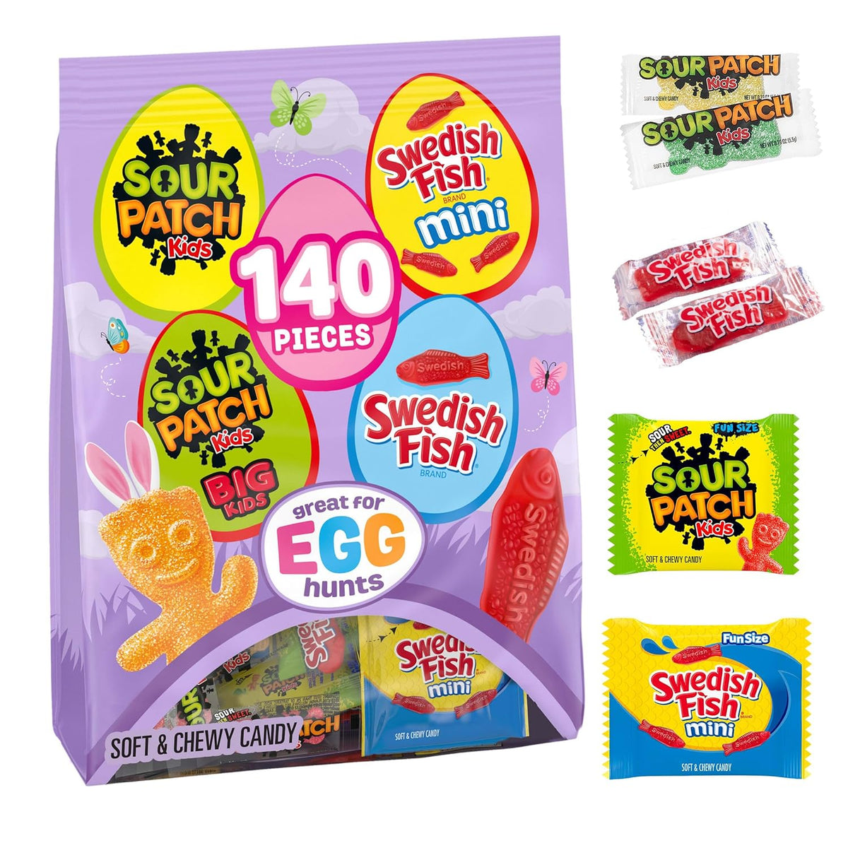 SOUR PATCH KIDS, SOUR PATCH KIDS Big Kids, SWEDISH FISH and SWEDISH FISH Mini Soft & Chewy Easter Candy Variety Pack, Bulk Candy, 140 Snack Packs