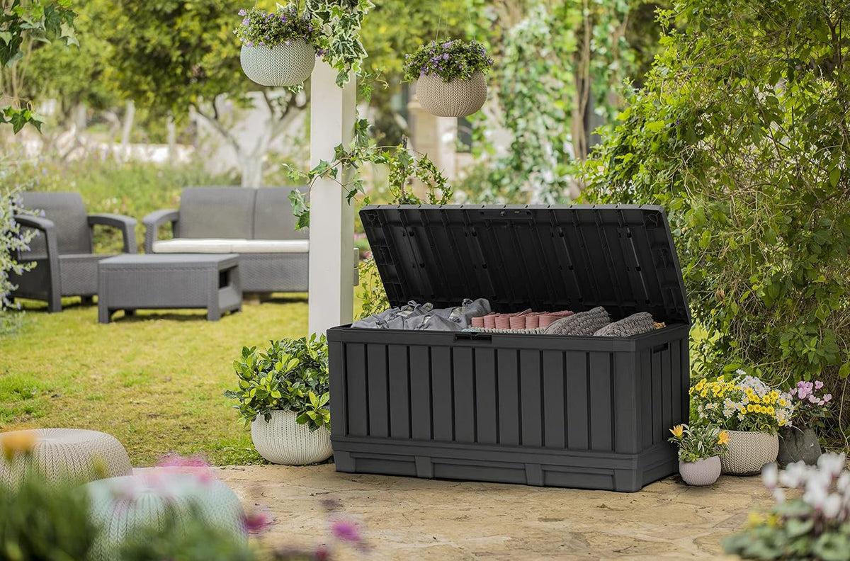 Keter Kentwood 92 Gallon Resin Deck Box-Organization and Storage for Patio Furniture Outdoor Cushions, Throw Pillows, Garden Tools and Pool Floats