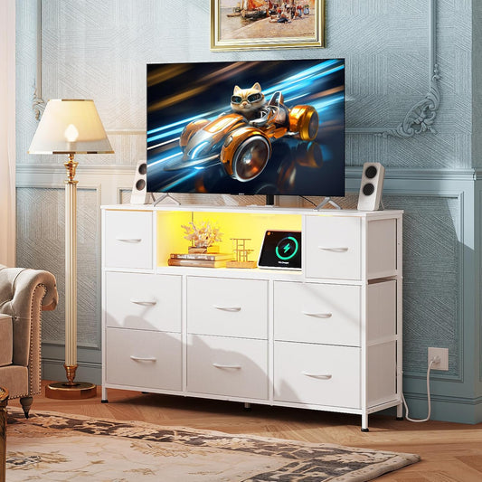WLIVE White Dresser TV Stand for 45, 50, 55 inch TV, Entertainment Center with LED Lights & Charging Station, Chest of Drawers with 8 Fabric Drawers