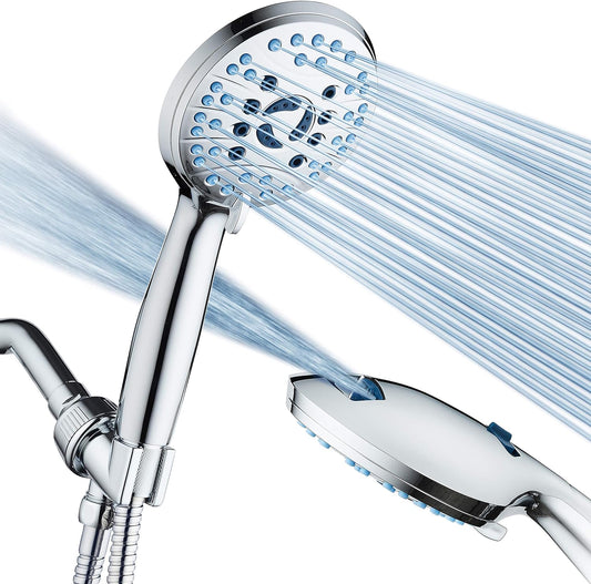 AquaCare High Pressure 8-mode Handheld Shower Head - Anti-clog Nozzles, Built-in Power Wash to Clean Tub, Tile & Pets, Extra Long 6 ft. Stainless