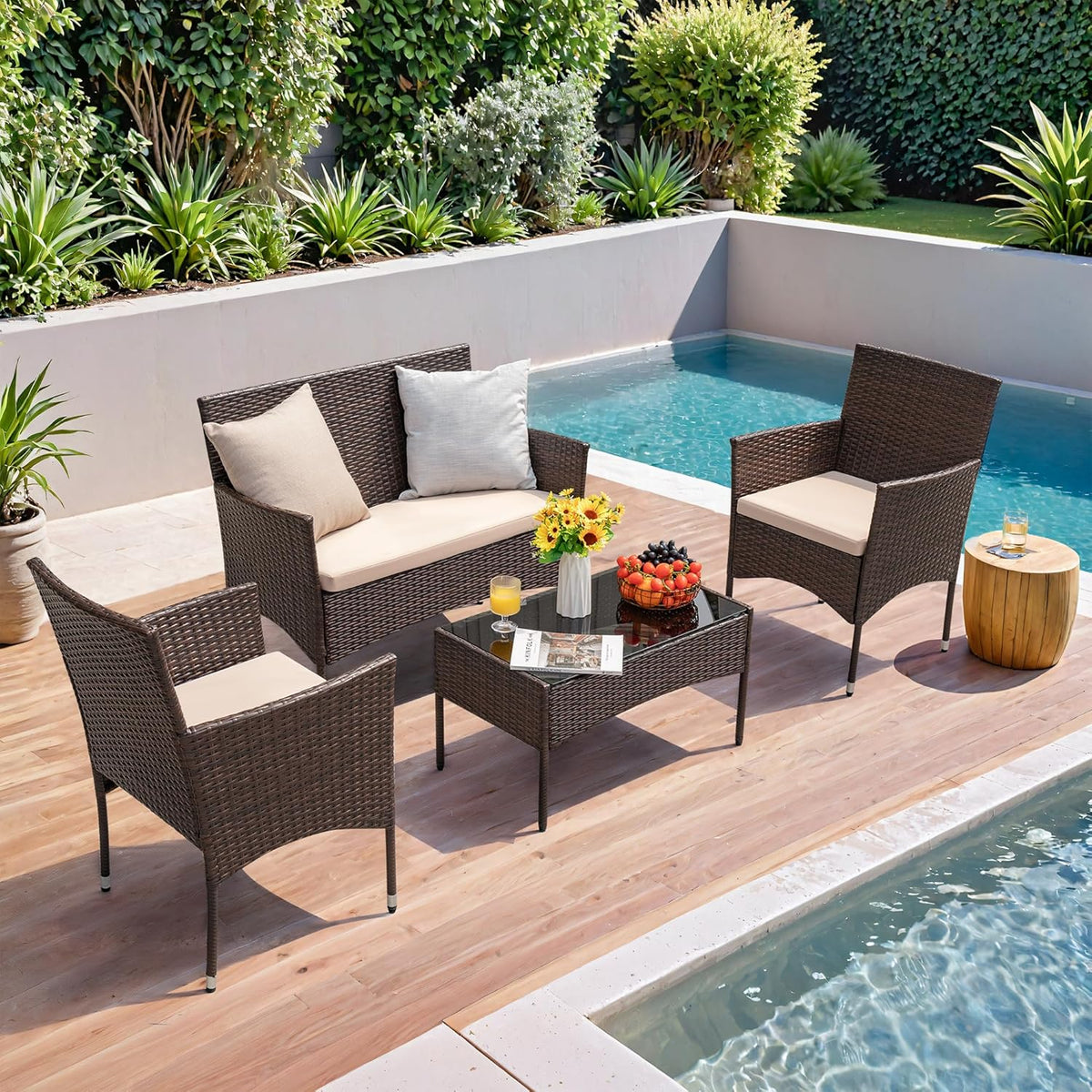 Homall 4 Pieces Outdoor Patio Furniture Sets Rattan Chair Wicker Set,Outdoor Indoor Use Backyard Porch Garden Poolside Balcony Furniture (Brown and