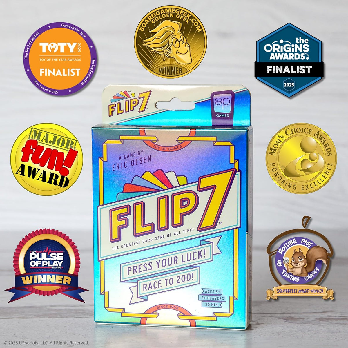 USAOPOLY Flip 7, The Ultimate Blend of Press Your Luck & Strategy, Fast-Paced Addictive Card Game,Quick to Learn & Easy to Teach,Perfect for Game