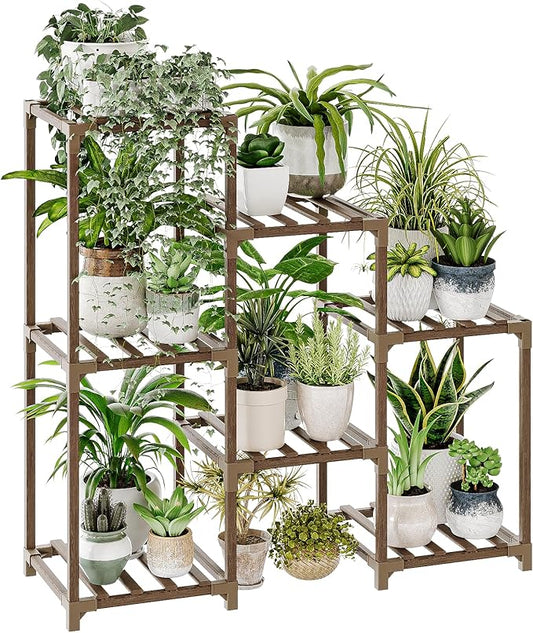 Bamworld Plant Stand Indoor Plant Shelf Outdoor Wood Plant Rack for Multiple Plants 3 Tiers Ladder Plant Pot Holder for Living Room Patio Boho Home Decor for Gardening - Cart Shape