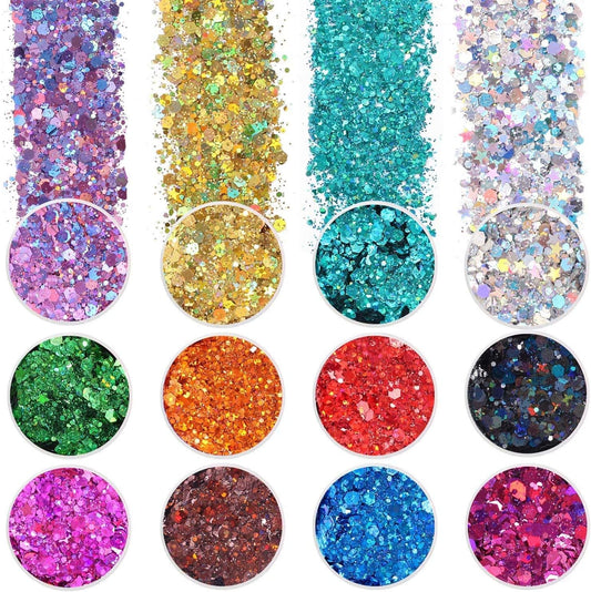 Holographic Chunky Glitter, Set of 12, Licool Craft Glitter for Resin Art Crafts, Cosmetic Glitter for Nail Body Face Eye, Epoxy Resin Sequin Flake
