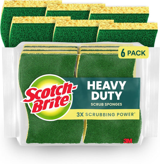 Scotch-Brite Heavy Duty Scrub Sponge, 6 Kitchen Sponges Designed for Tough Messes in the Kitchen that Last 3X Longer*, Best for Cast Iron Skillets