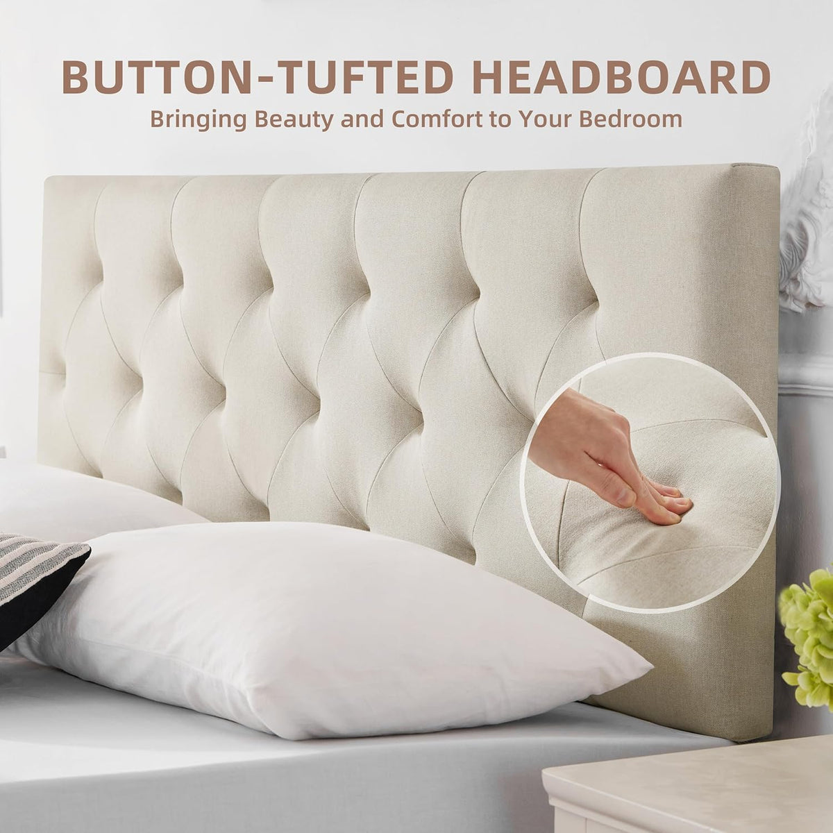 Linen Fabric Upholstered Headboard Queen Size, Modern Diamond Tufting Solid Wood Queen Headboard Only, Adjustable Height from 37” to 51” Head Board