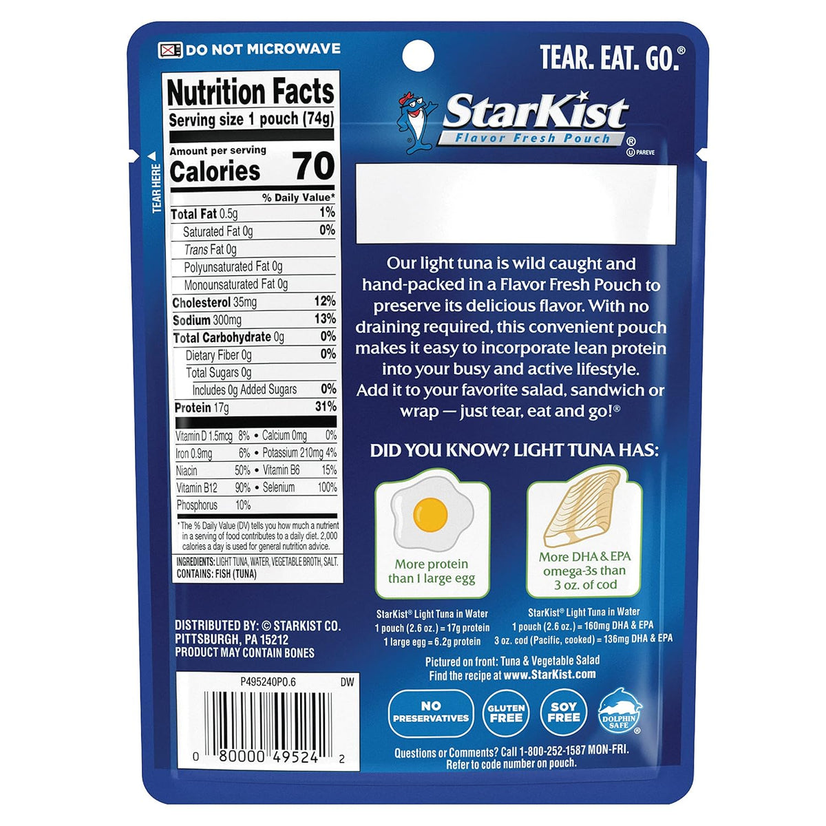 StarKist Chunk Light Tuna in Water, 2.6 oz Pouch (12 Pack) Ready to Eat Wild Caught Tuna, 17g Protein, 70 Calories Per Serving, Gluten Free, Soy