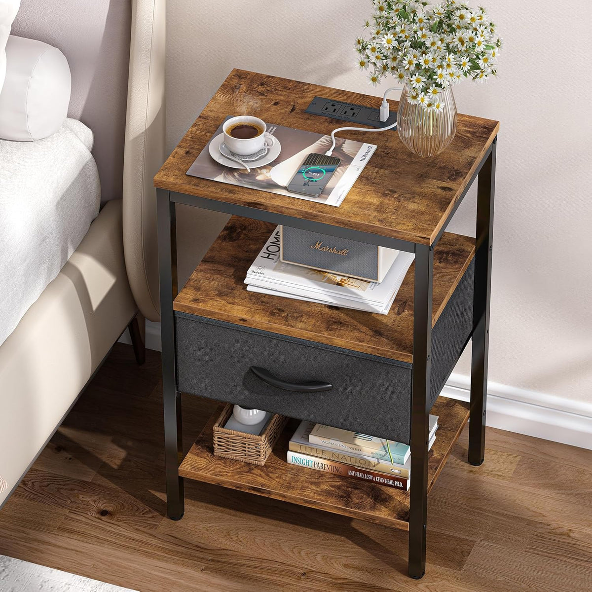 SUPERJARE Nightstand with Charging Station, Bed Side Table with Adjustable Fabric Drawer, Night Stand for Bedroom, 3-Tier Storage End Table