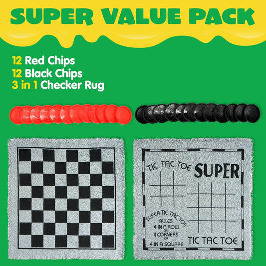 3-in-1 Vintage Giant Checkers, Tic, Tac, Toe, with Reversible Mat, 24 Chips, Family Board Game, Lawn Game, BBQ Party Favor, Indoor and Outdoor