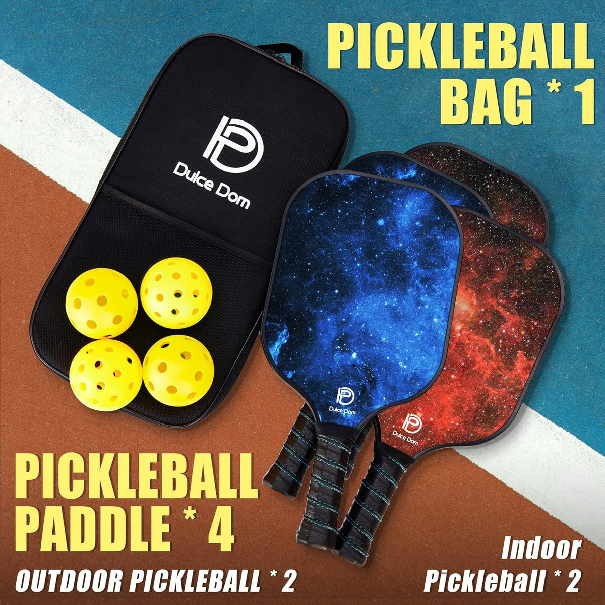 DULCE DOM Pickleball Paddles Set of 2/4 - USAPA Approved, Fiberglass/Carbon Fiber Pickleball Racket with 4 Indoor Outdoor Pickleball Balls and