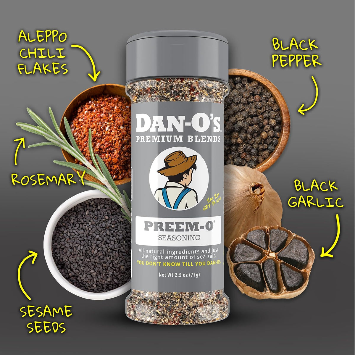Dan-O's Preem-O Seasoning, 2.5 oz Bottle, Meat Seasoning for Steak, Ribs, Chicken, Brisket and More, Sugar Free, Zero Calorie, Use this Spice Blend