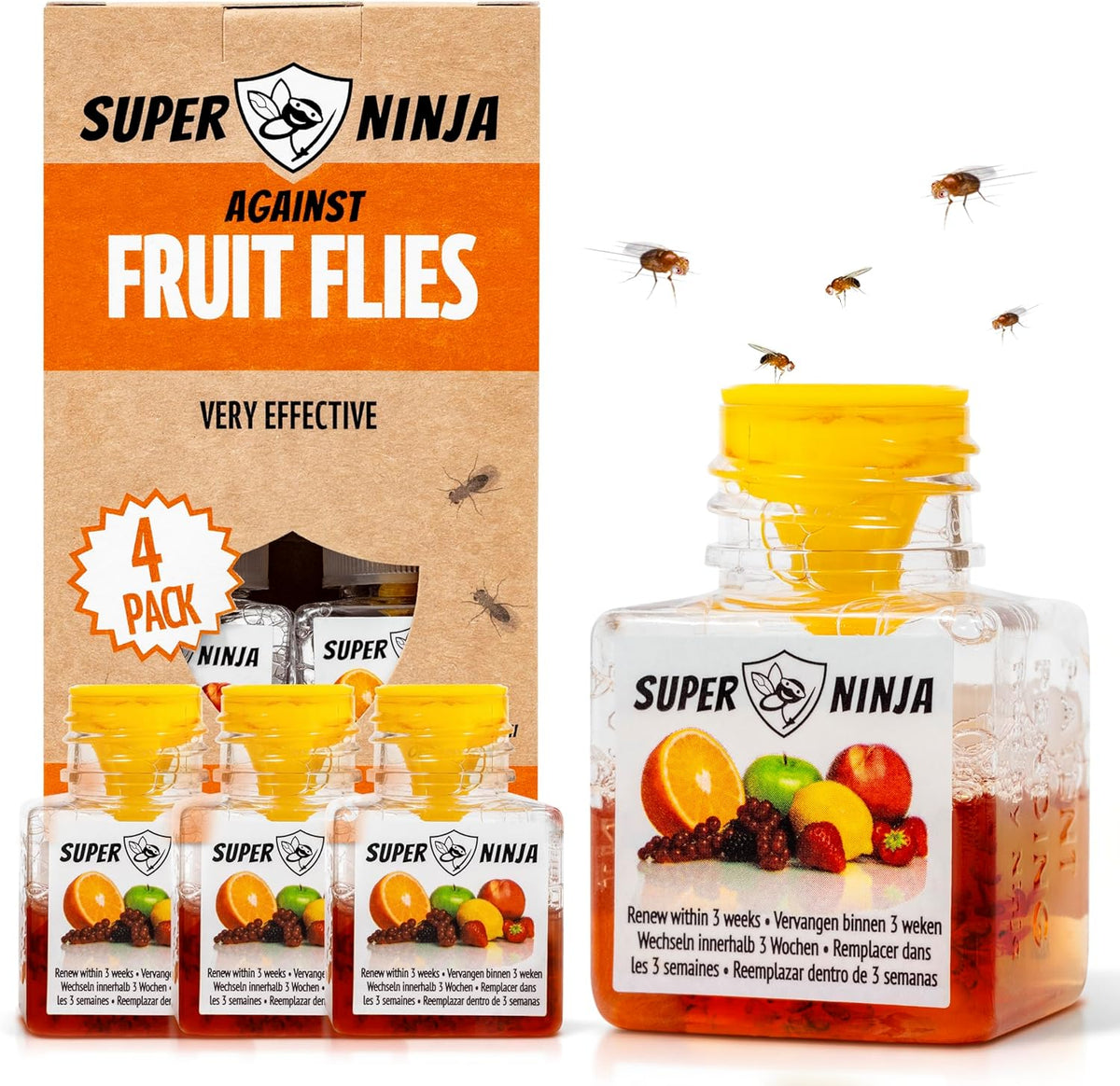 Super Ninja Fruit Fly Traps for Indoors - 4 Pack, Highly Effective Fruit Fly Catcher for Indoor Use for Home & Kitchen, Up to 3 Weeks of Performance
