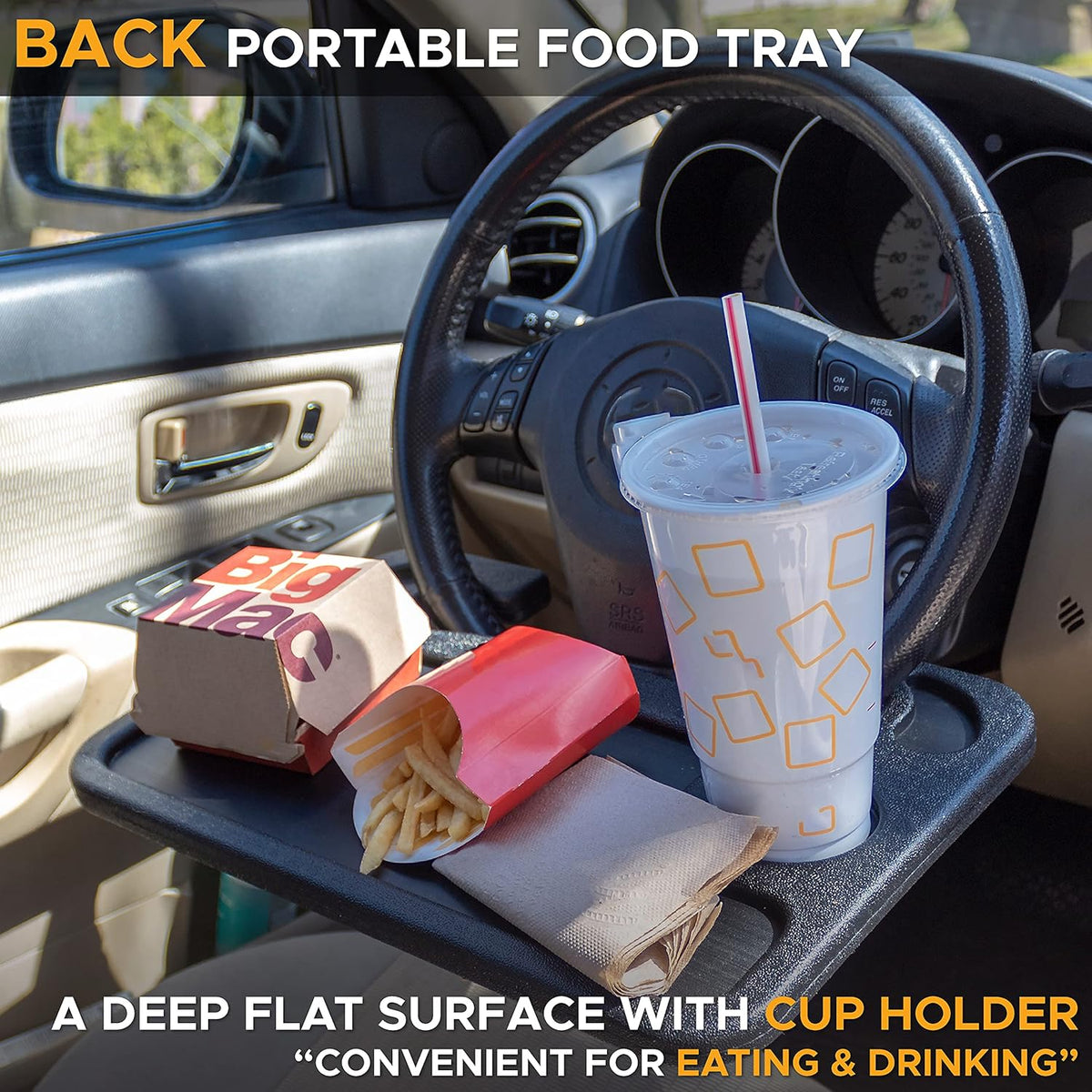 EcoNour 2 in 1 Car Steering Wheel Desk | Tray for Laptop Car Mount with Pen Holder | Desk Console for Car | Food Tray for Eating with Drinks Holder