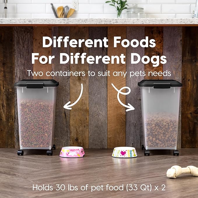 IRIS USA Dog Food Storage Container, 2 Pack, Up to 30 lbs Each, Airtight Seal for Freshness, Wheels for Rolling, Easy One Hand Opening, Made in USA