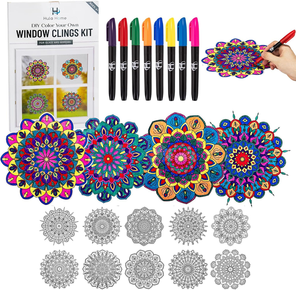 Hula Home Stained Glass Mandala Art Kit - DIY Window Clings with Markers, 10 Suncatchers - Perfect Hobby for Adults, Kids, Teens & Seniors - Ideal