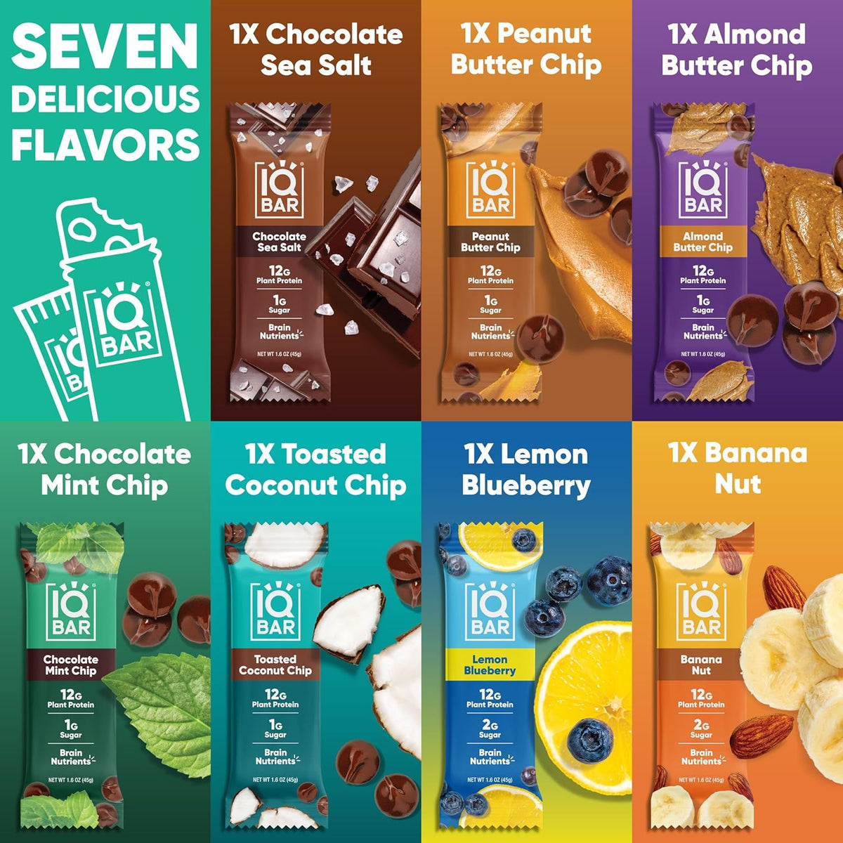 IQBAR Brain and Body Plant Protein Bars - 7 Bar Sampler Variety Pack - Keto, Vegan, Low Carb, High Fiber, Gluten Free, Dairy Free, Low Sugar Snack