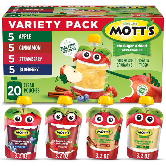Mott's No Sugar Added Applesauce Variety Pack, 4 Flavors – Apple, Strawberry, Cinnamon & Blueberry, Made from Real Fruit, No Artificial Flavors, 3.2