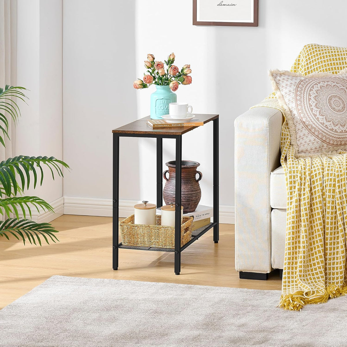 Hoctieon 2 Tier End Table, Sofa Side Table, Narrow Side Table with Storage, Slim Nightstand for Small Spaces, Metal Frame, for Living Room, Bedroom