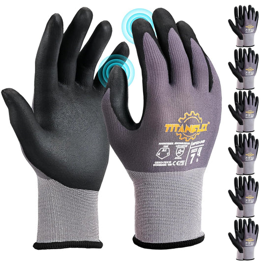 TitanFlex Work Gloves Microfoam Nitrile Coated Men Women-6 Pairs, Safety Warehouse Gloves Mens Working Glove with Grip Heavy Duty, Touchscreen