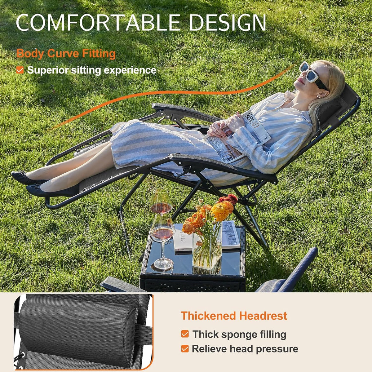 Sweetcrispy Zero Gravity Chairs, Set of 2 Portable Recliner Beach Camping Patio Outdoor Folding Lounge Chair with Cup Holder Trays and Adjustable