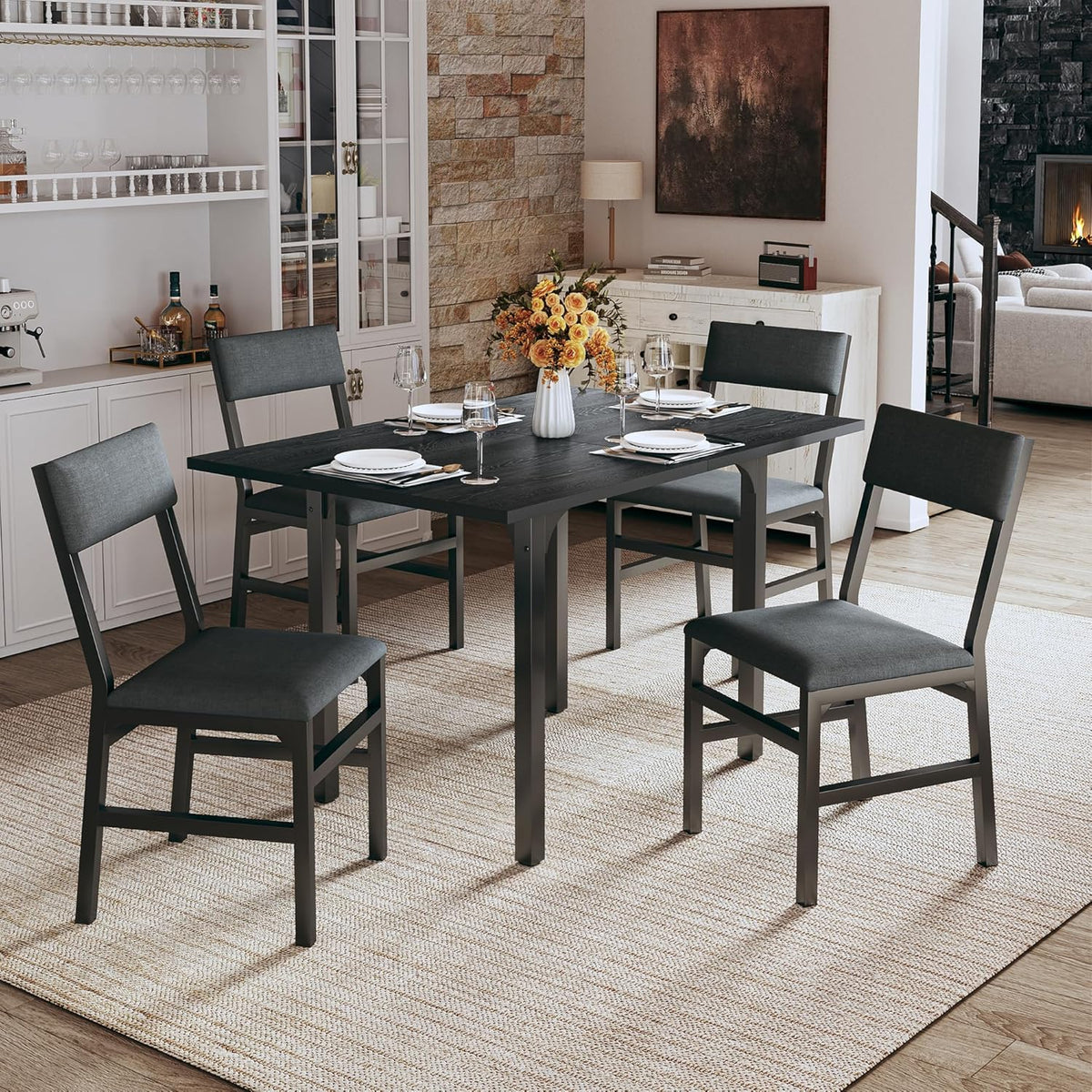 Dining Table Set for 4, Extendable Kitchen Table Cushion Chairs Set of 4, Rectangle Dining Table with Metal Frame & MDF Board, Folding for Small