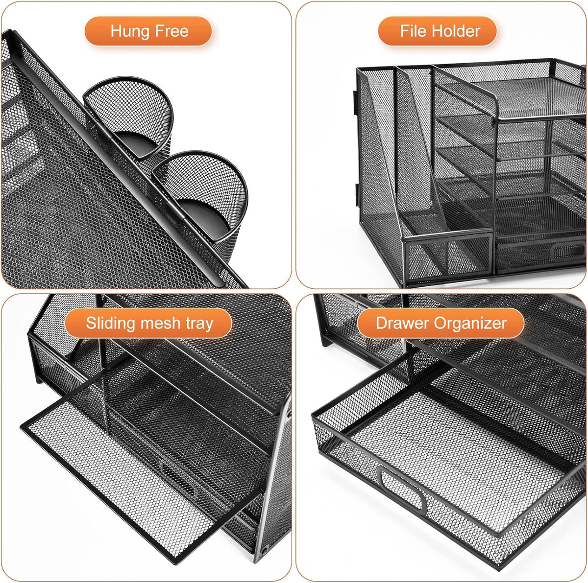 Marbrasse Desk Organizer with File Holder, 5-Tier Paper Letter Tray Organizer with Drawer and 2 Pen Holder, Mesh Desktop Organizer and Storage with