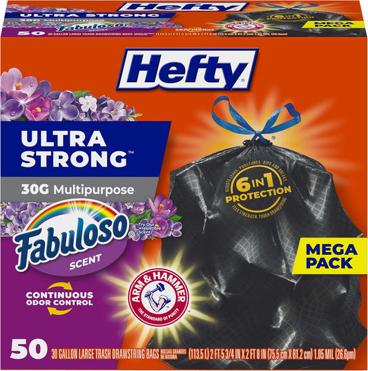 Hefty Ultra Strong 30 Gallon Trash Bags, Large Trash Bags 30 Gallon Size, Multipurpose, Break Resistant Drawstring Closure, Resists Leaks, Punctures