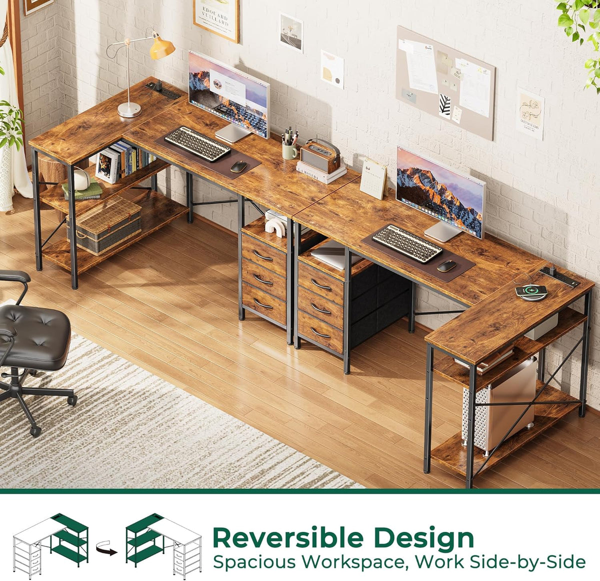 Huuger L Shaped Office Desk with Power Outlets, 47 Inch Computer Desk with 3 Drawers, Shelves, for Gaming, Corner Work, Home Office, Study, Rustic