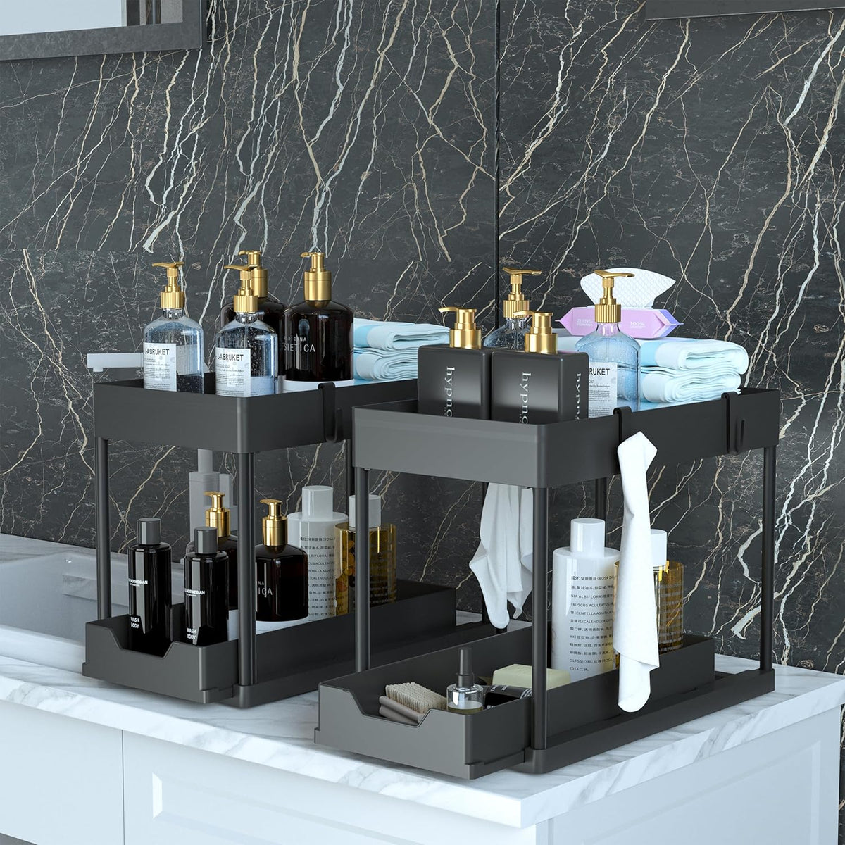 DEKAVA Under Sink Organizer 2 Pack, Bathroom Cabinet Organizer, 2 Tier Sliding Cabinet Basket Organizer Drawer, Multi-Purpose Bath Collection Baskets