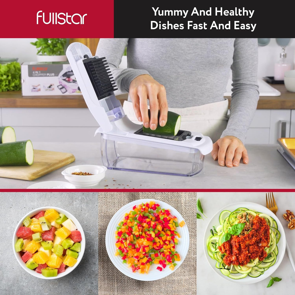 Fullstar Vegetable Chopper and Spiralizer - Food Chopper with Container, Fruit Slicer, Kitchen Gadgets & Accessories, Home Essentials (4 in 1, White)