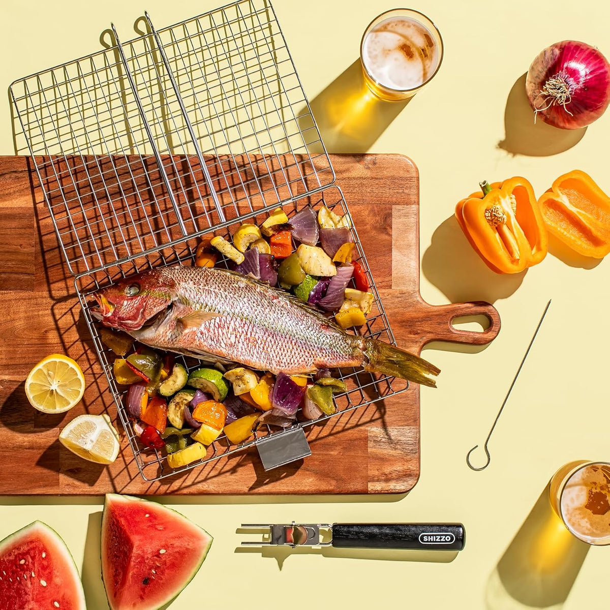 SHIZZO Grill Basket Set, Barbecue BBQ Grilling, Stainless Steel Folding Portable Outdoor Camping Rack for Fish, Shrimp, Vegetables, Cooking