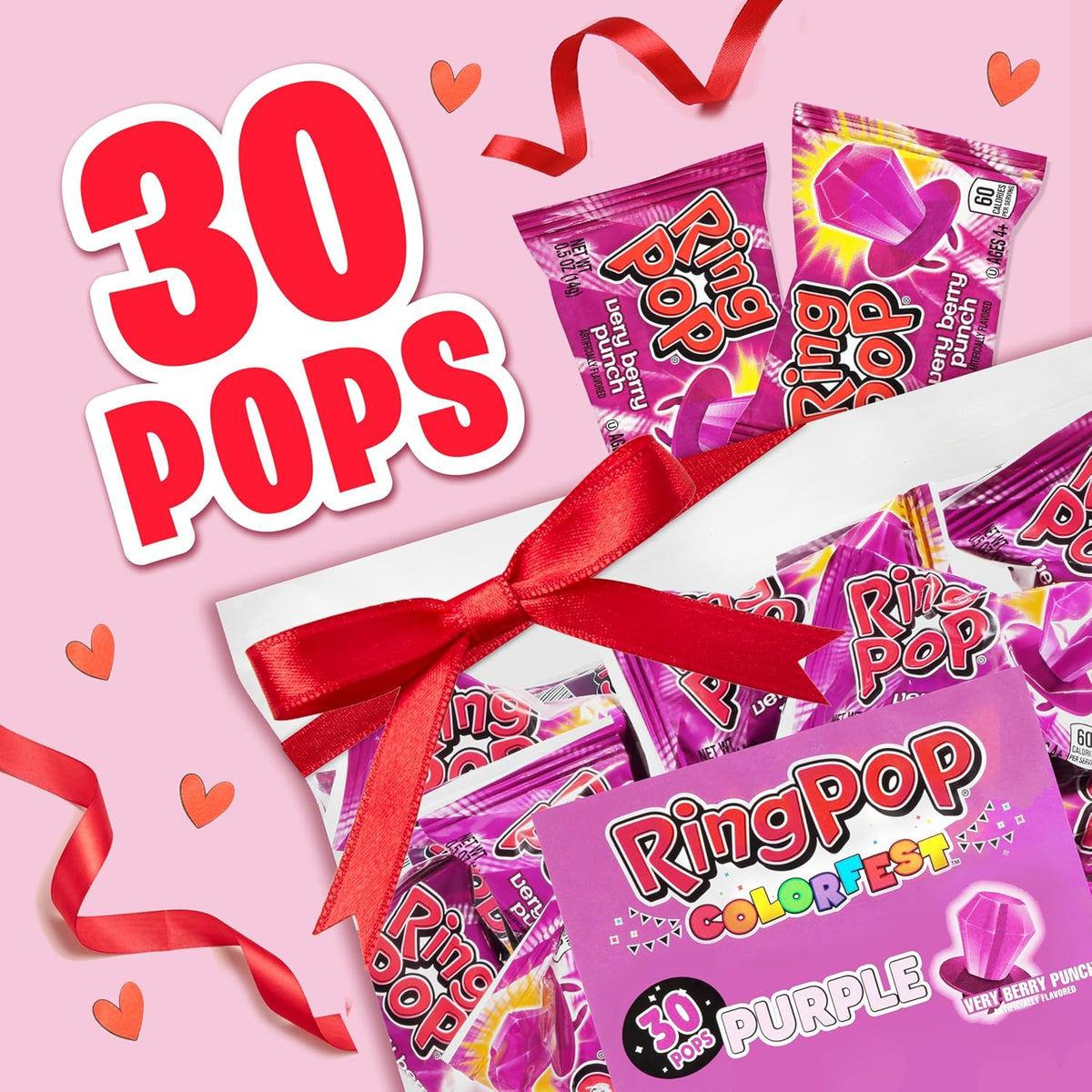 Ring Pop Purple Easter Candy Lollipops, 30Ct Bulk Individually Wrapped in Very Berry Punch Flavor, Full Size, Fun Hard Candy For Birthday Parties