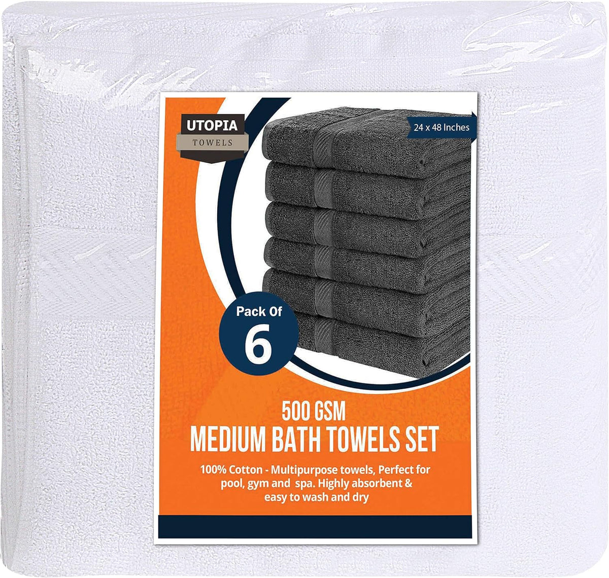 Utopia Towels 6 Pack Medium Bath Towel Set, 24 by 48 Inches, 500 GSM 100% Ring Spun Cotton, Lightweight and Highly Absorbent Quick Drying Premium