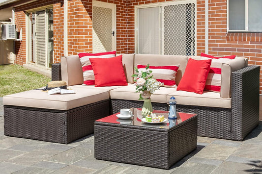 Vongrasig 5 Piece Patio Furniture Sets, Outdoor Patio Set Sectional Sofa, All-Weather PE Rattan Outdoor Couch with Ottoman, Glass Table for Garden