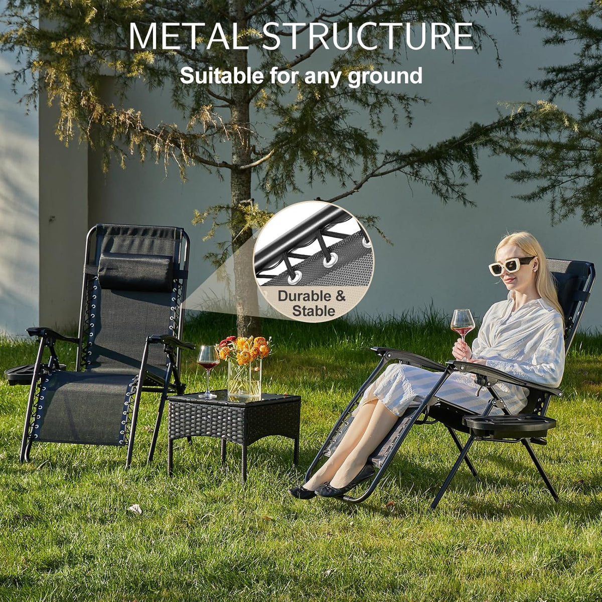 Sweetcrispy Zero Gravity Chairs, Set of 2 Portable Recliner Beach Camping Patio Outdoor Folding Lounge Chair with Cup Holder Trays and Adjustable