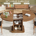 Extendable Round Dining Table for 4-6-8, 59 Inch Dining Room Kitchen Table with Storage, Fluted Wood Slide Door, Modern Oval Circle Dinner Furniture