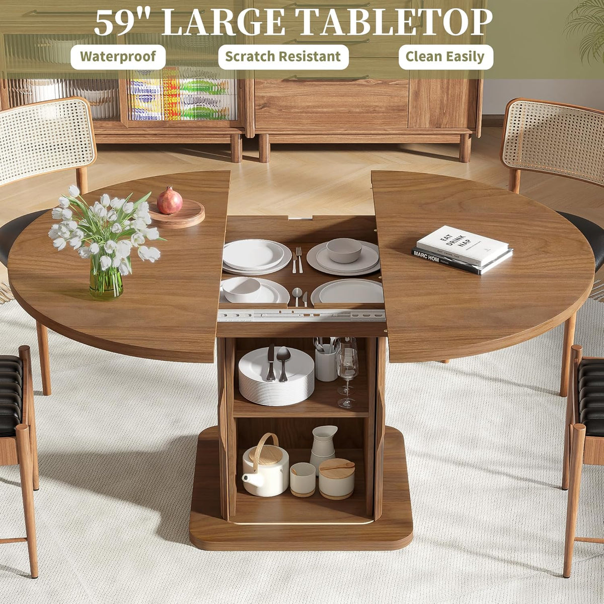 Extendable Round Dining Table for 4-6-8, 59 Inch Dining Room Kitchen Table with Storage, Fluted Wood Slide Door, Modern Oval Circle Dinner Furniture