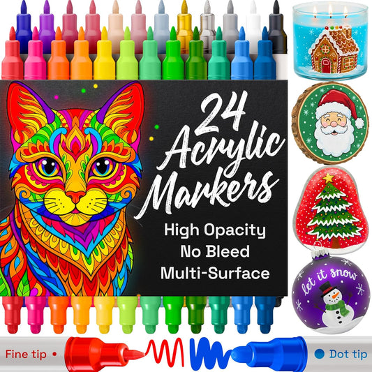ARTISTRO 24 Acrylic Paint Markers for Rock, Fabric, Wood, Glass, Craft, Decoration - Dual-Tip Paint Pens - Stocking Stuffers, Christmas Gift Idea
