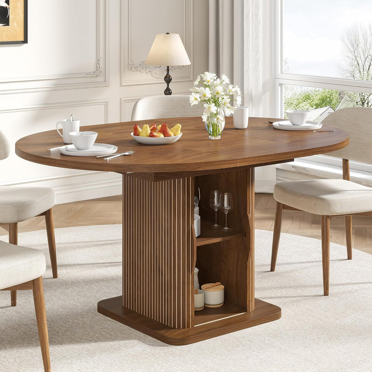 Extendable Round Dining Table for 4-6-8, 59 Inch Dining Room Kitchen Table with Storage, Fluted Wood Slide Door, Modern Oval Circle Dinner Furniture