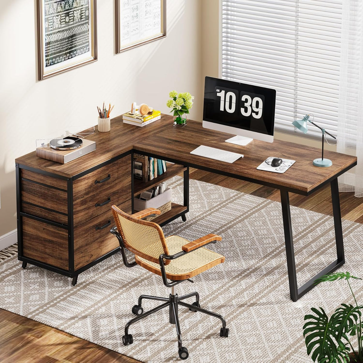 Tribesigns L-Shaped Computer Desk with 3 Drawers, Reversible Corner Home Office Desk with Shelves, 53-Inch Industrial PC Desk Study Writing Table