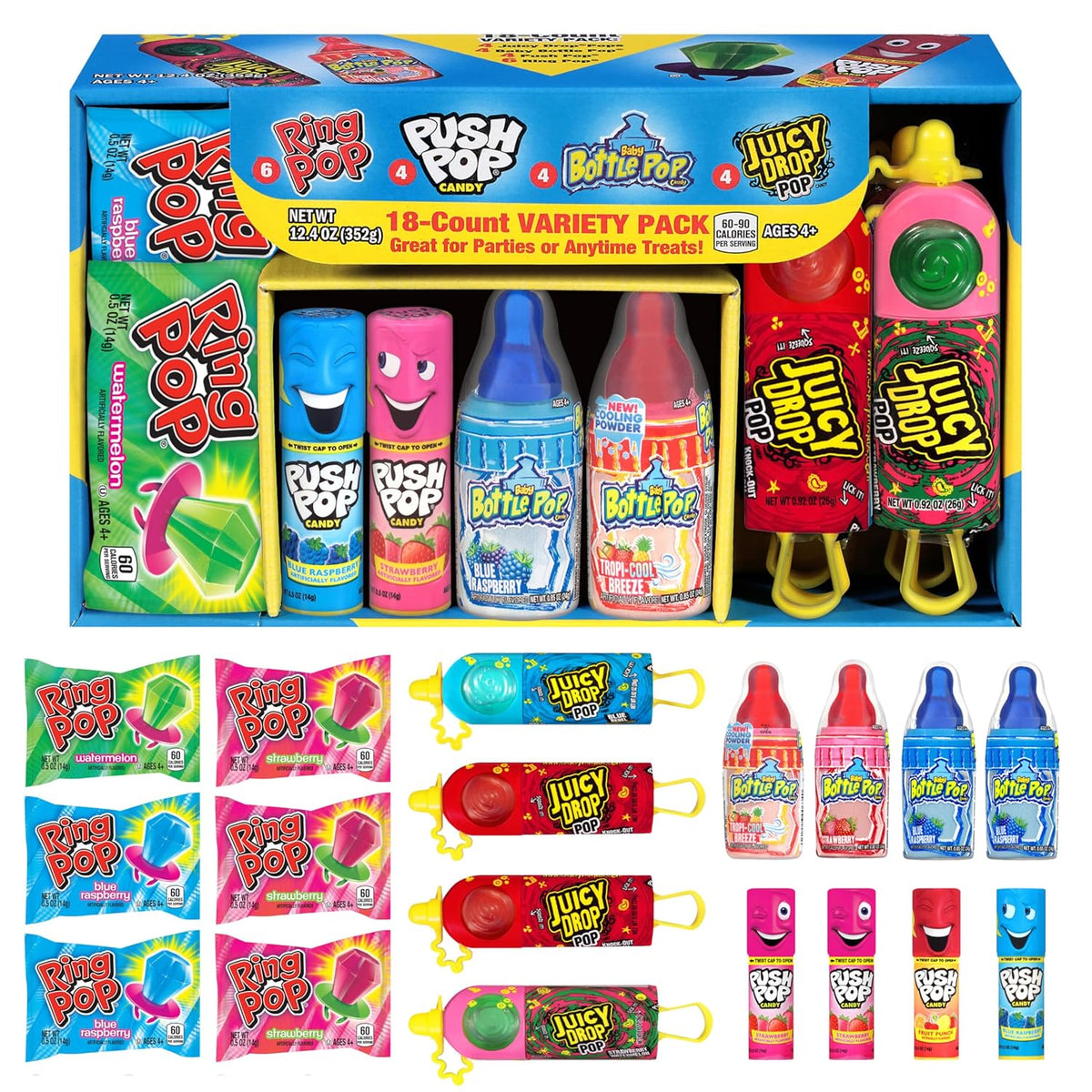 Candy Variety Pack, 18Ct Assorted Valentine's Candy Lollipops, Bulk Individually Wrapped Ring Pop, Push Pop, Baby Bottle Pop & Juicy Drop, Birthday