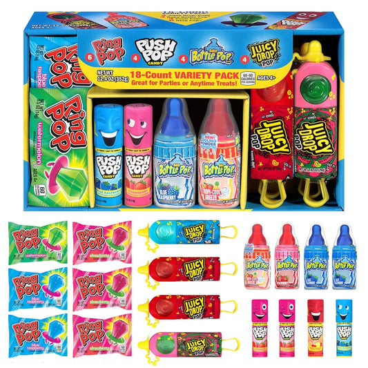 Candy Variety Pack, 18Ct Assorted Valentine's Candy Lollipops, Bulk Individually Wrapped Ring Pop, Push Pop, Baby Bottle Pop & Juicy Drop, Birthday