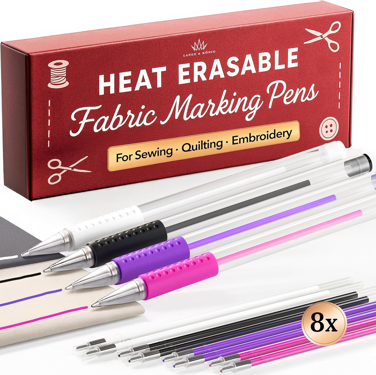 Lange & König Heat Erasable Fabric Marking Pens for Sewing - 4 Pens + 8 Refills - Sewing Supplies Quilting Supplies Sewing Accessories Embroidery