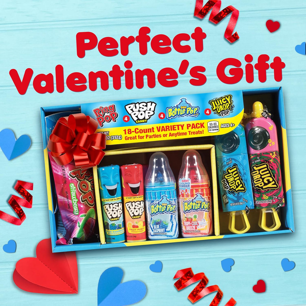 Candy Variety Pack, 18Ct Assorted Valentine's Candy Lollipops, Bulk Individually Wrapped Ring Pop, Push Pop, Baby Bottle Pop & Juicy Drop, Birthday