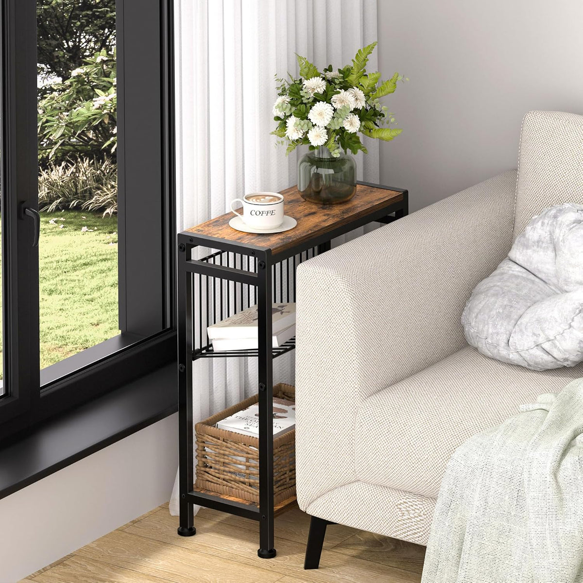 Small Side Table for Small Space, 3-Tier Narrow End Table with Magazine Holder,Slim Nightstand, Skinny Snack Couch Table in Living Room, Bedroom
