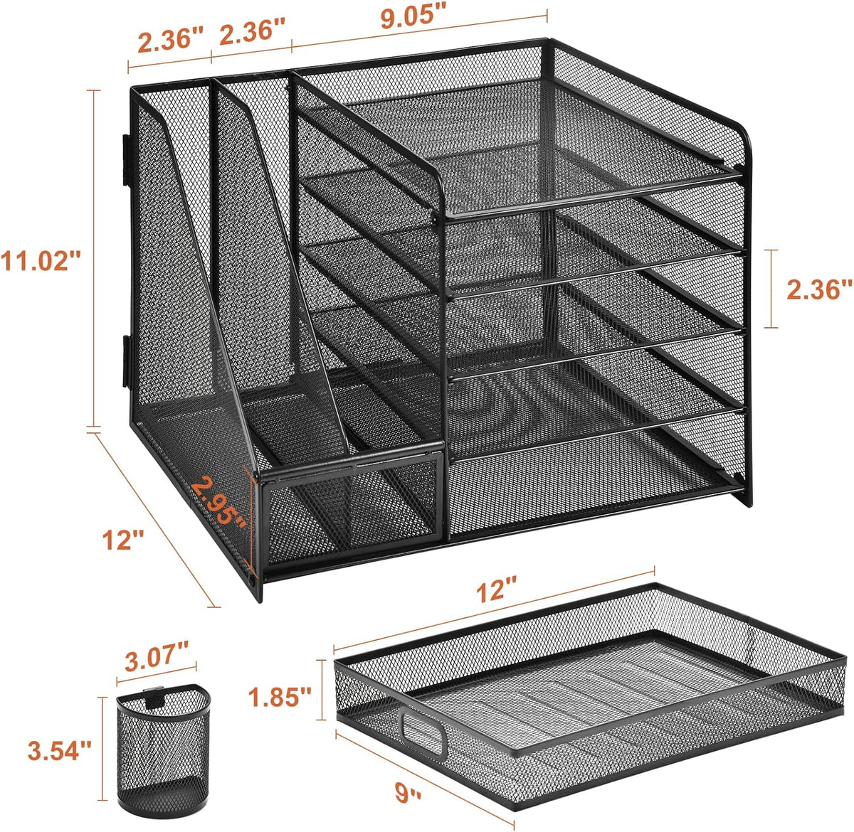 Marbrasse Desk Organizer with File Holder, 5-Tier Paper Letter Tray Organizer with Drawer and 2 Pen Holder, Mesh Desktop Organizer and Storage with